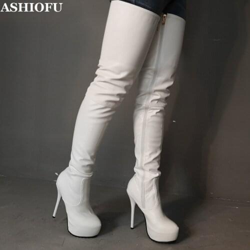 ASHIOFU New Sweet Ladies High Heel Over Knee Boots Round-toe Sexy Platform Thigh High Boots Evening Club Fashion Winter Boots