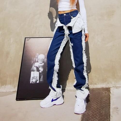 Patchwork Jeans Womens Tassel Jeans High Waist Casual Pockets Turned Streetwear Pants Female Fashion Baggy Trousers New Clothing