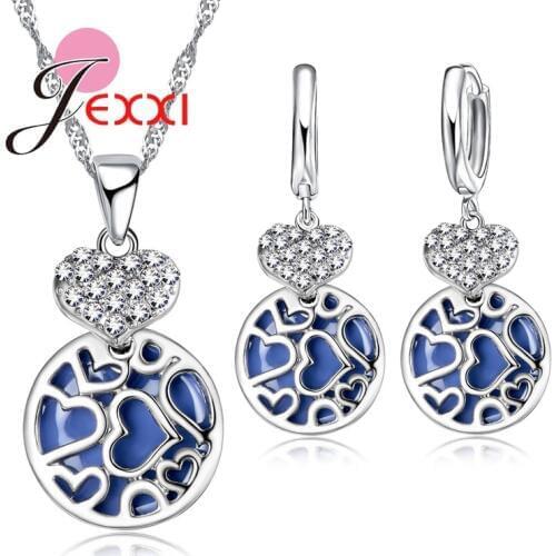 Elegance Style Royal Blue CZ Crystal Jewelry Set Sterling Silver Women Necklace Pendent Earrings Best Gift For New Year