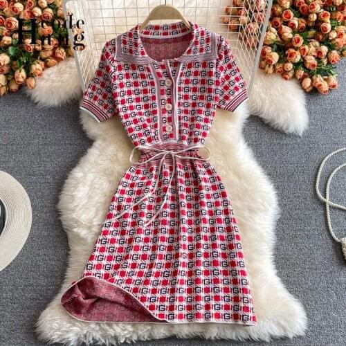 HangCode 2021 New Letters Print Short Sleeve Dresses for Women Summer Brand Style Polo Buttons Knit Sweater Dress Office Lady