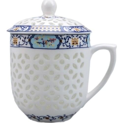 Exquisite 300ml Jingdezhen Hollow Honeycomb Glass Ceramic Porcelain Tea Cup Health Cup Mug Milk Coffee Tea Cup with Lid Saucer