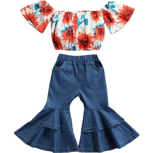 2 Pieces Kids Girl Clothes Set Summer Floral Print Off-the-shoulder Short Sleeve Crop Tops+ Solid Color Flared Jeans 2-7 Years