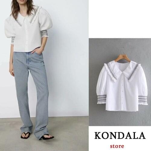 KONDALA Women White 100% COTTON Shirt Za 2021 Fashion Spring Autumn Honeycomb Check Poplin Shirt Ladies Mujer Tops
