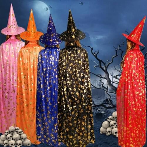 Halloween Costumes Wizard Witch Cloak Cape Robe Cap With Pointy Hat Girls Boys Cosplay Dress Coats For Kids Birthday Party