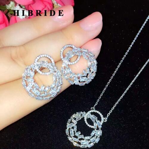 HIBRIDE Brilliant AAA Cubic Zirocnia Baguette Pendant Jewelry Set For Women Party Jewelry Llink Pendant Earring Set Gift N-636