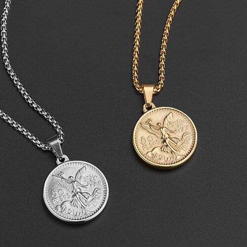 Stainless Steel 50 Peso Gold Coin Disc Delicate Pendant Necklace Relief Commemorative Coins Necklaces Gift For Him with Chain