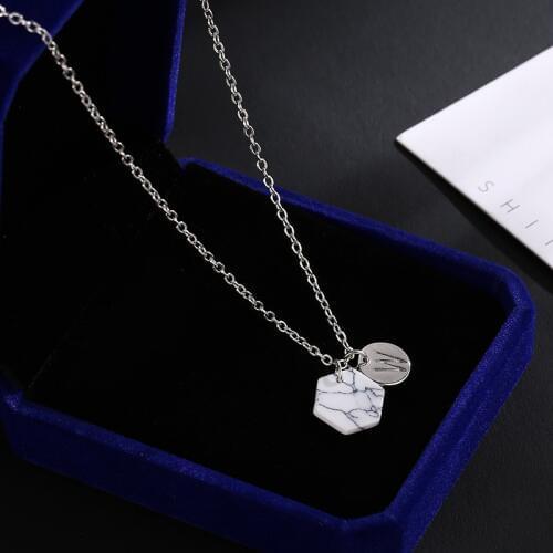 52 Kinds Geometric Hexagon Marble Stone & 26 Letters Circle Pendants Thin Chain Silver Plated Necklaces For Women