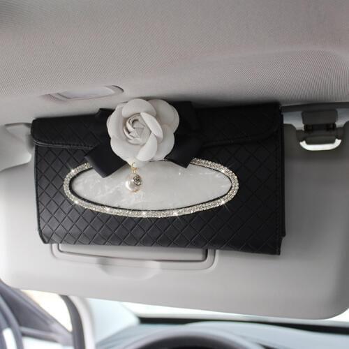 Crystal Car Tissue Box Sun Visor Camellia PU Leather Auto Tissue Bag Sunvisor Hanging Holder Case Napkin For Car Accessories