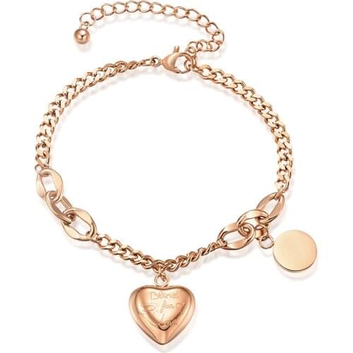 Rose Gold Heart Coin Bracelets Stainless Steel Adjustable Chain Lobster Clasp Bracelet for Woman Girl Sister Jewelry