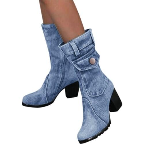 Blue jeans boots Womens Mid-rise Rome Solid Slip-On Chunky Med Heels Boots wild vintage Large Size Ladies shoes