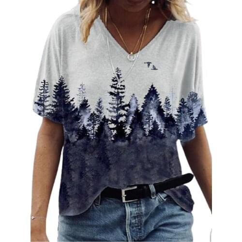 Plus Size 3xl Ladies Tees 2021 Summer Women Short Sleeve Custom V-neck Loose Tee Tops Landscape Print T Shirt Casual Streetwear