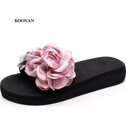 Koovan Women Flower Slippers 2018 New Footwear Thick-soled Sandals And Slippers Summer Handmade Slippers Flat Word Beach Shoes