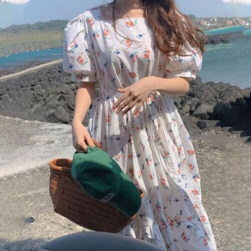 2021 New Women Summer Sweet White Long Floral Dress Sashes Square Collar Puff Sleeve Loose Pullover Maxi Sundress