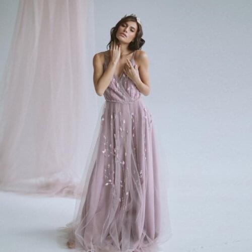 Pretty Dusty Pink A-line Long Bridal Dresses To Wedding Prom Party Delicate Beaded Flower Tulle Women Dress