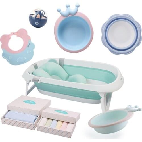Zq Babys Folding Bath Tub Baby Washbasin Set Gauze Bath Towel Square Towel Shampoo Cap