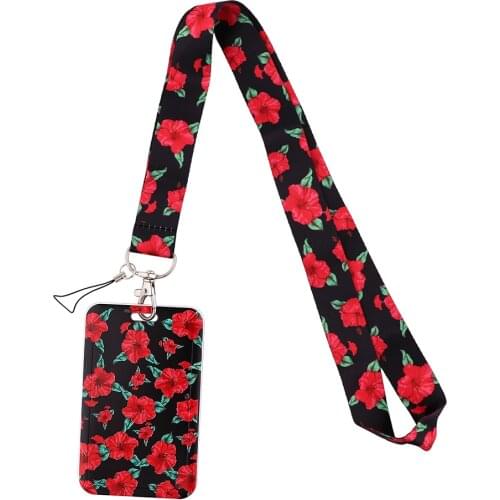 1pcs ZF2796 Hibiscus Flower Red Neck Strap Lanyard For Keys ID Card Gym Mobile Phone Straps USB Badge Holder DIY Hang Rope