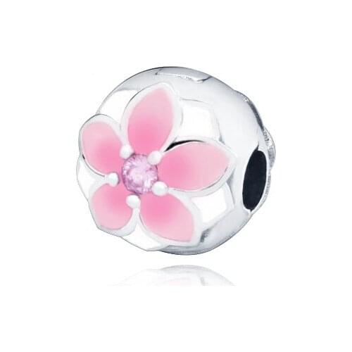 Wholesale 925 Sterling Silver Beads Pink Hibiscus Charm Fit Original Pandora Bracelets DIY Women Fashion Jewelry Gift