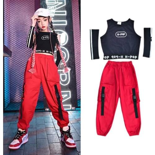 ChildrenS Day Ballroom Hip Hop Dance Costumes For Girls Long Sleeve Tops Red Pants Hiphop Suit Jazz Street Dance Clothes DN8594