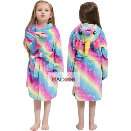 Cartoon Childrens Robe Flannel Baby Bathrobe Winter Stitch Hooded Kids Bathing Suits Animal Unicorn Boy Girl Robes Kids Clothes