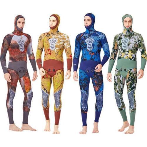 Double Warm Professional 5MM 2-Piece Neoprene Scuba Dive Wetsuit With Hood Zipper Split Spearfishing Wet Suit For Men Equipment