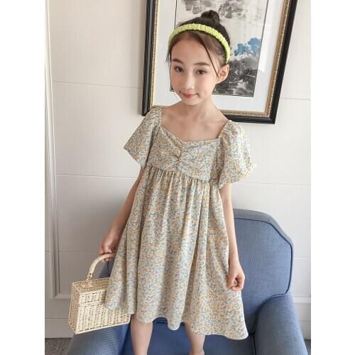 T Shirt Fashion Green Girls Floral Dress Party Short Princess Girls Dress Boutique Outfits Robe Enfant Girls Clothing BW50DR