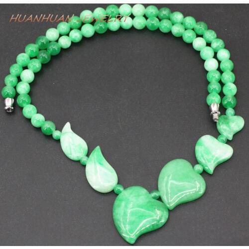 Green Jades Natural Stone Beads Necklace Pendant For Women 6mm Round Chalcedony Heart Leaf Necklaces Chain Jewelry 18inch B3394