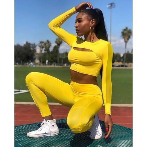 AHVIT Solid Color Mesh Patchwork Sexy Two Piece Set Front Hollow Out Crop Top And Sheath Full Pants Breathable Tracksuit CM179