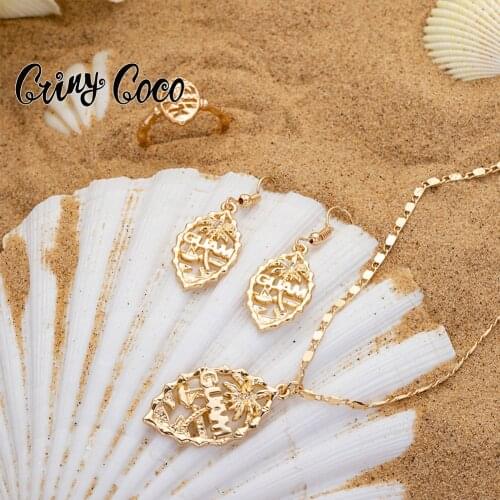 Hawaiian Fashion Jewelry Sets Samoa Coconut Tree Pendant Hot Gold Necklaces 2021 New Rings Earring Set Wholesale for Women