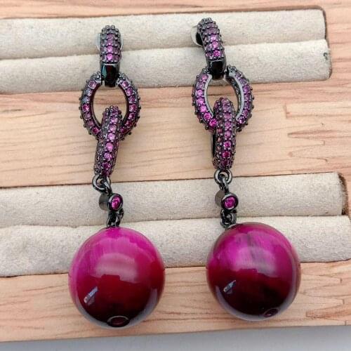 Round Red Tigers Eye Fuchsia Cubic Zirconia pave Ring gunmetal color plated Stud Earrings Fashion Good cute Jewerly For Women