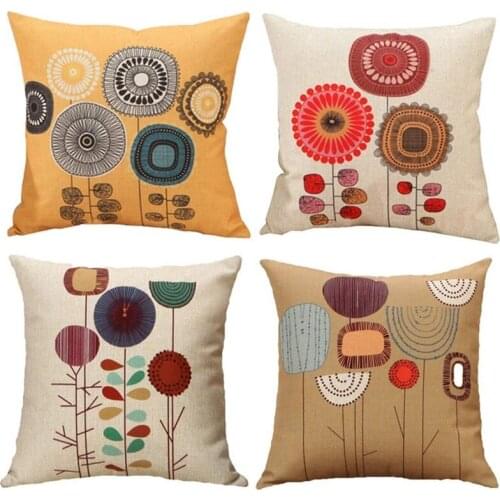 Linen Throw Pillow Case Cushion Covers - Decorative Flower 18 x 18 Inches Set of 4 Pcs - Perfect for Home Office