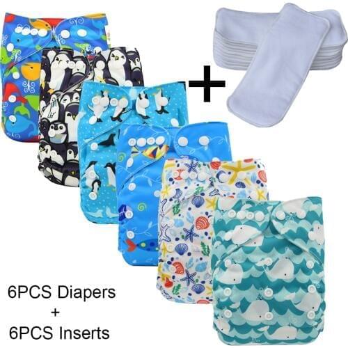 Ohbabyka 12PCS/SET Pocket Cloth Diaper Adjustable Baby Diaper Nappies Reusable Washable 6pcs Diaper Cover+6pcs Inserts