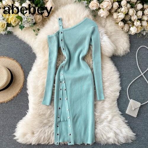 One Shoulder Strap Dress Women Sexy Fashion Split Bodycon Dress Autumn Winter Elegant Off Shoulde Elastic Knitter Dress