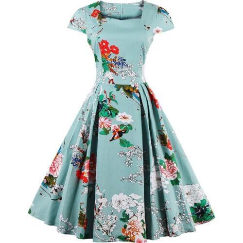 Plus Size 4XL Cotton Stretchy Vintage Floral Dress Women 60s Audrey Retro Rockabilly Swing Elegance Feminino Vestidos