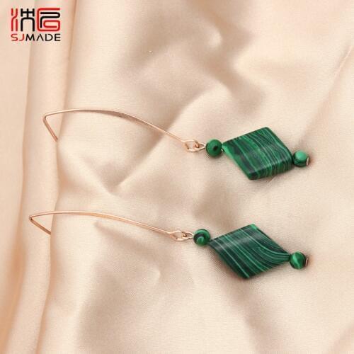 SJMADE Japanese Korean Prismatic Malachite Dangle Earrings 585 Rose Gold Long Ear Hook Eardrop For Women Wedding Unique Jewelry