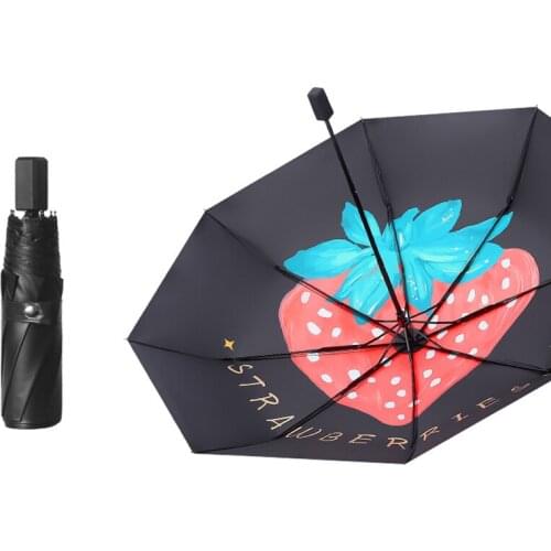 UPF 50+ UV Protection Travel Umbrella 8 Ribs Folding Small Umbrella Black Coating Sun Blocking Umbrella, Fruit Pattern Inner