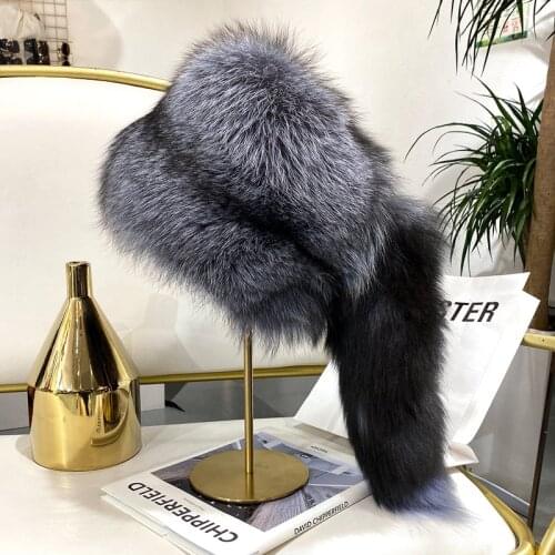 Womens Russian Real Silver Fox Fur Hat Winter Genuine Bombers Fox Hat Thick Warm Earmuff Dome Mongolian Hat With Tail Cap