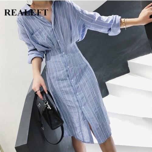 REALEFT 2021 New One Pocket Striped Shirts Women Dress High Waist Vintage Single Breasted Long Sleeve Female Midi Dress Spring