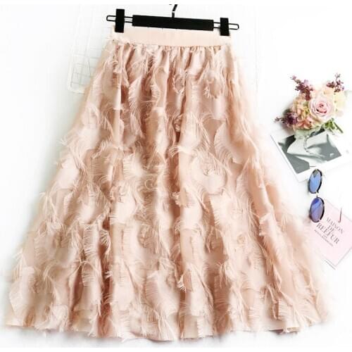 2021 Korean Woman Skirts High Waist Feather Chiffon Skirts Women A-Line Skirts Sweet Kawaii Chic Skirt Mujer Faldas Femme Jupes