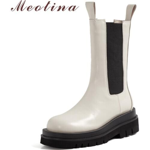 Meotina Chelsea Boots Genuine Leather Ankle Boots Woman High Heel Shoes Platform Thick Heel Ladies Short Boots Autumn Winter 43
