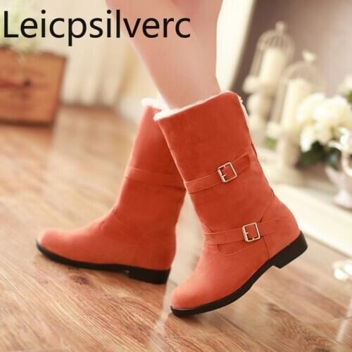 Womens Boots Autumn And Winter The New Round head belt buckle Thick heel Low-heeled Middle tube Womens shoes plus size 34-43