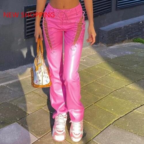 Faux PU High Waist Pants Y2K Women Chic Hollow Out Bandage Sexy Summer Trend Leather Club Trousers Slim Streetwear punk harajuku