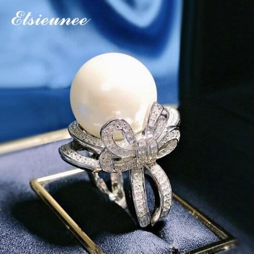 ELSIEUNEE Solid 925 Sterling Silver Created Big Pearl Diamond Rings for Women White Gold Color Wedding Engagement Fine Jewelry