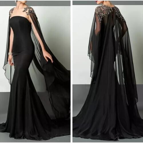 2019 Sheer Jewel Black Slim Mermaid Prom Dresses Beaded Top Chiffon Long Women Evening Party Gowns Special Occasion Party Dress