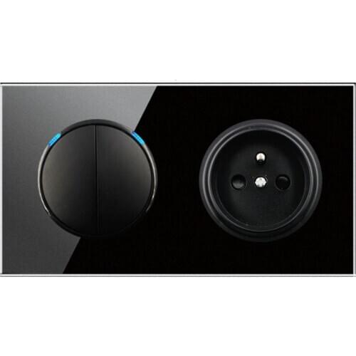 146 Type 2 gang 2 way French Crystal Tempered Pure Glass Panel 13a Double Eu Standard Wall Power Socket Grounded black