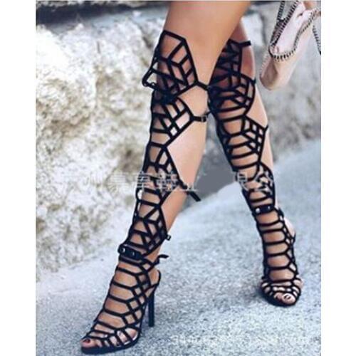 2018 Summer Fashion Women Cut Outs Net High Heel Sandals Boots Buckle Strap Peep Toe Heels Stiletto Cage Thigh High Long Boots