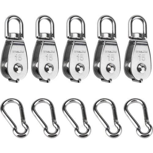 304 Stainless Steel Single Pulley Block M15 and Spring Snap Hook for Wire Rope Hanging Wire Towing Wheel Pack Of 10