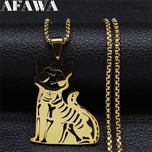 Goth Bone Pentagram Cat Stainless Steel Chain Necklaces Gold Color Pendant Necklace Jewelry acier inoxydable bijoux N4417S02