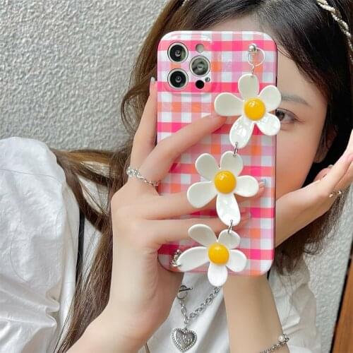 Wrist Chain Case for iPhone 12 Pro 7 8 Plus SE XR XS Max IMD Cases Cute Plaid Flowers Bracelet Chain Hanging Case for iPhone 11