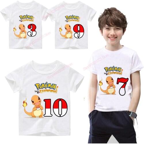 Birthday Baby pokemon Charmander Shirt Number Cotton Infant T Shirt Boy Girl Cartoon Printed Tee Toddler Summer Letter Tops