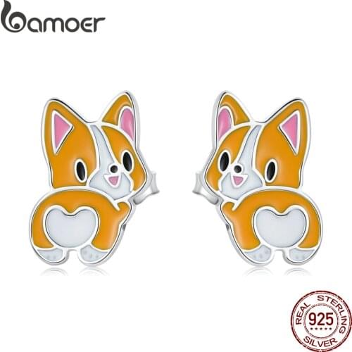 Bamoer Cute Dog Earrings 925 Sterling Silver Mini Lovely Corgi Stud Earrings for Women & Girls DIY Making Jewelry Party Gift